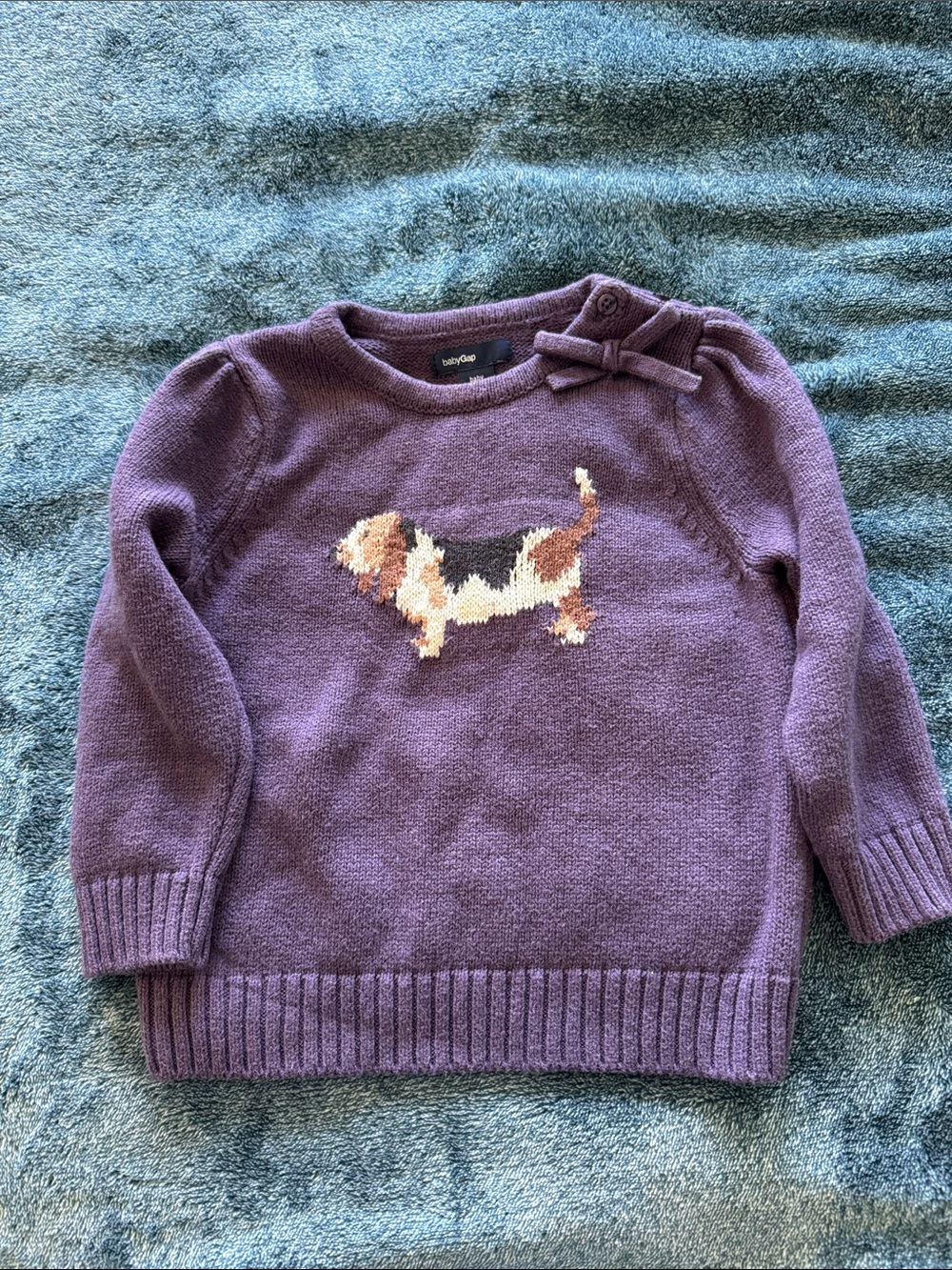 Baby GAP Purple Knit Sweater with Dog and Shoulder Bow